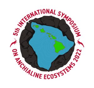 Logo for the 5th International Symposium on Anchialine Ecosystems 2022, featuring a map of Hawaiian Islands surrounded by black rocks, blue water, two red shrimp, and red text around the design.